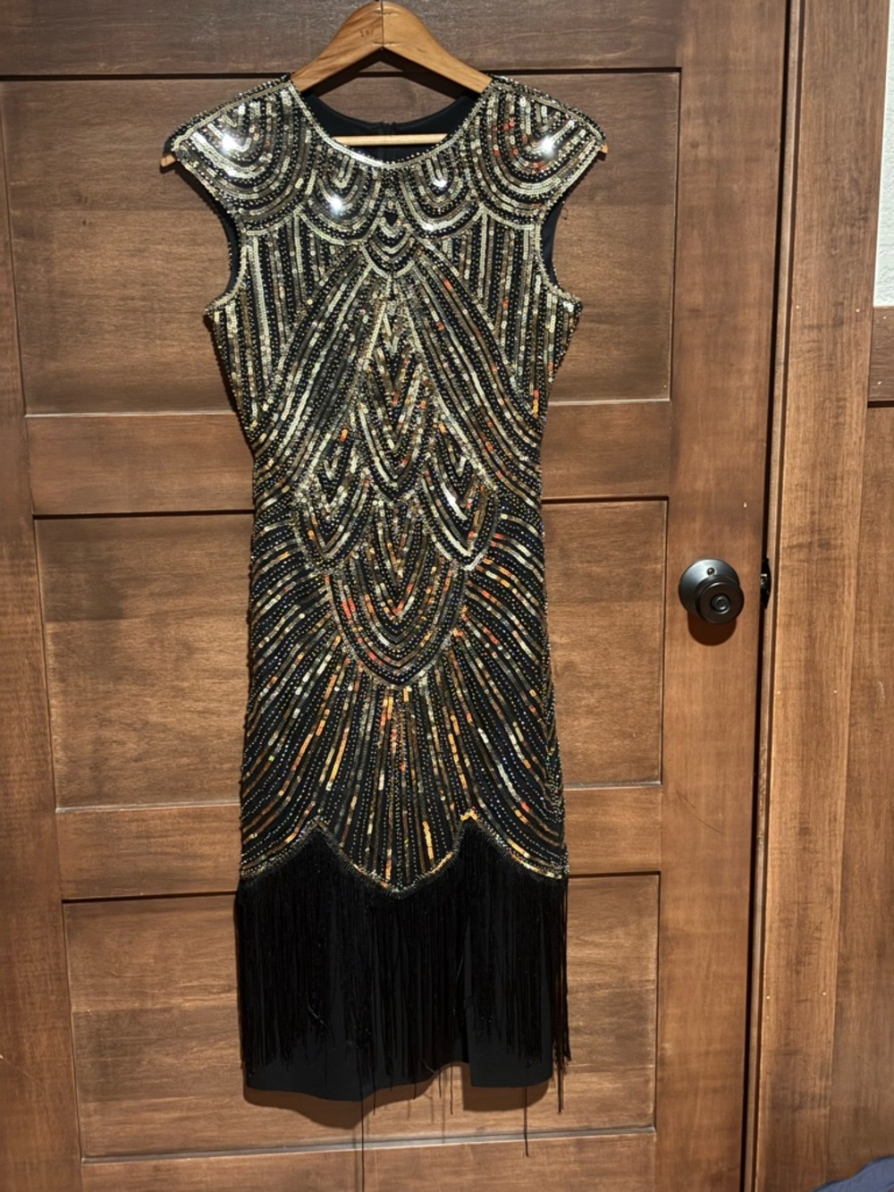 Black & Gold Beaded Fringe Cocktail Dress 1920s Flapper Great Gatsby